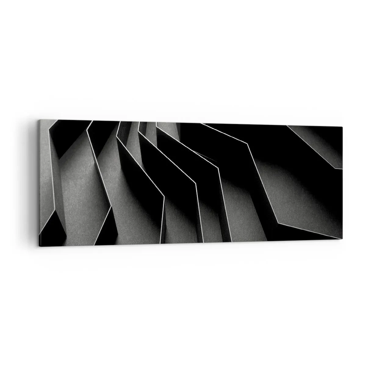 Obraz na płótnie - Czarno-biała abstrakcja z geometrycznymi strukturami - 140x50cm - Przestrzenny porządek - Nowoczesna dekoracja ścienna do salonu i sypialni ARTTOR