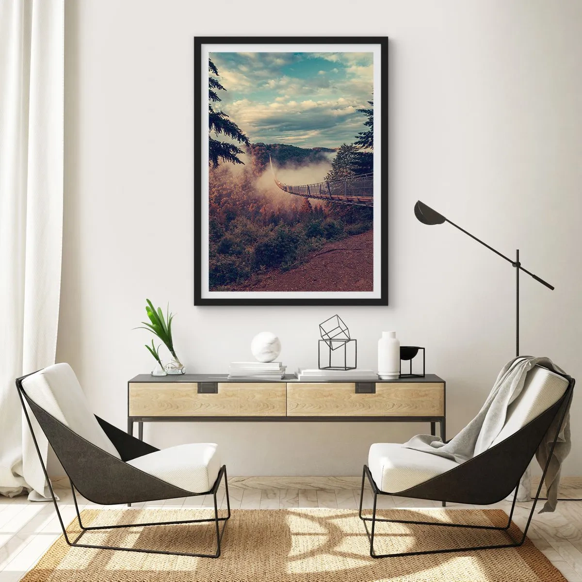Plakat w czarnej ramie - Most wiszący wśród mglistych gór o zachodzie słońca - 50x70cm - Nad jesiennym lasem - Nowoczesna dekoracja ścienna do salonu i sypialni ARTTOR
