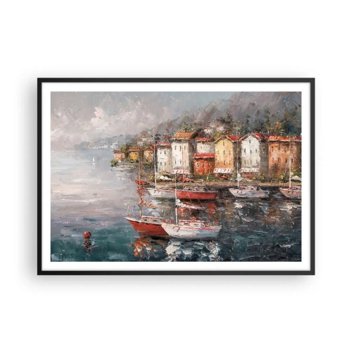 Plakat w czarnej ramie - Nadmorska sceneria z łodziami i kolorowymi domami - 100x70cm - Romantyczna przystań - Nowoczesna dekoracja ścienna do salonu i sypialni ARTTOR