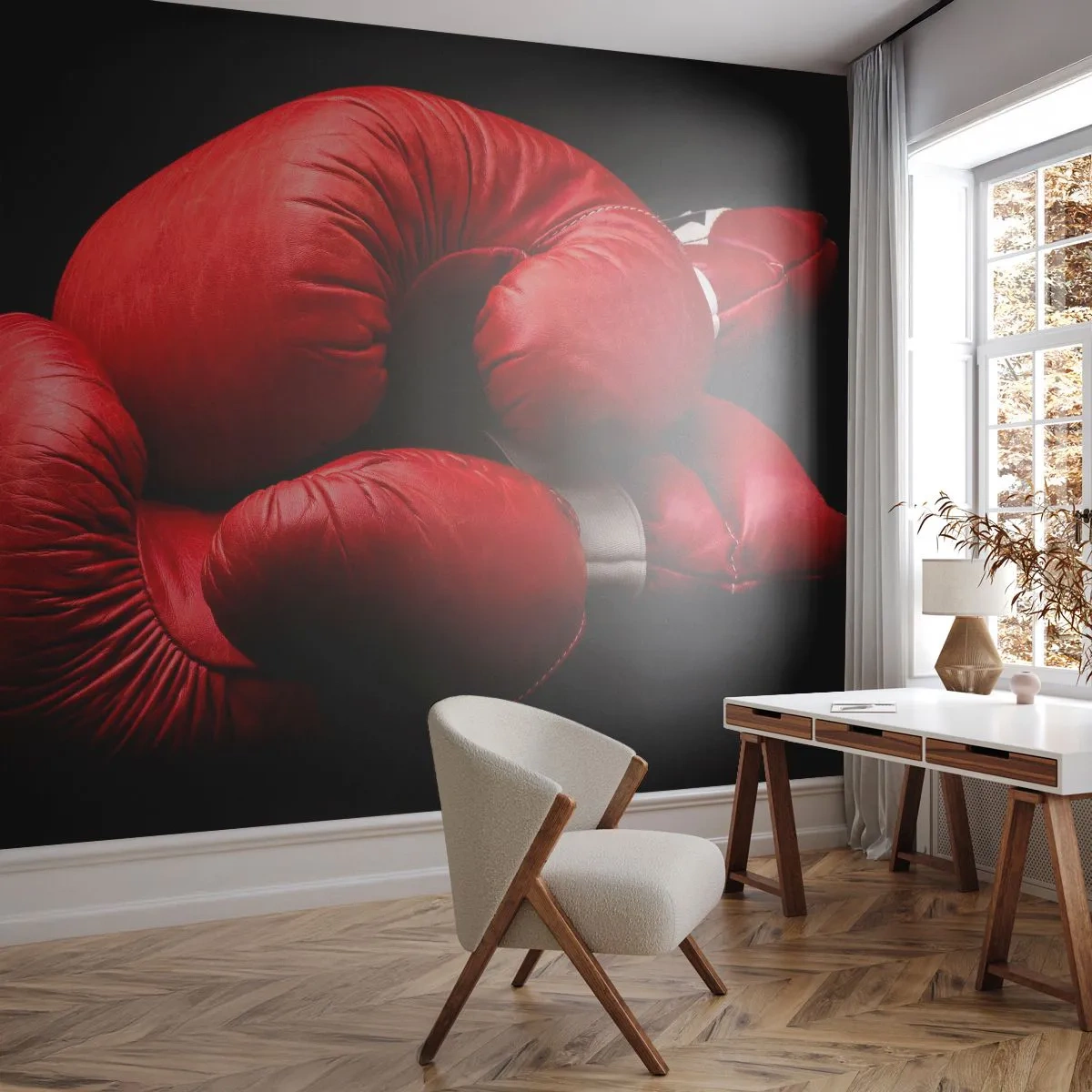 Fototapeta Premium Sand - Czerwone rękawice bokserskie na czarnym tle - 100x70cm - Emocje walki za nami - Nowoczesna dekoracja ścienna do salonu, kuchni i sypialni ARTTOR