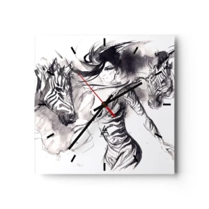 Zegar ścienny - Kobieta w dynamicznym tańcu z zebrami w czarno-białej estetyce - 30x30cm - Tańcząca z zebrami - Nowoczesna dekoracja ścienna do salonu i sypialni ARTTOR