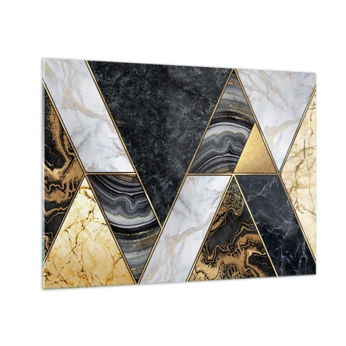 Obraz na szkle - Geometryczny wzór z marmurowych i złotych trójkątów - 70x50cm - Kamień przy kamieniu - Nowoczesna dekoracja ścienna do salonu i sypialni ARTTOR