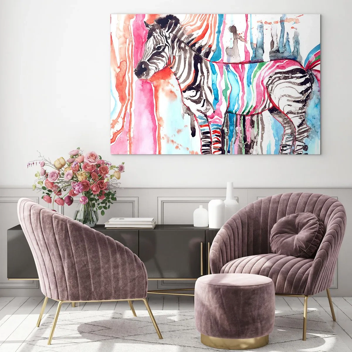 Obraz na szkle - Kolorowa zebra w stylu akwarelowym - 120x80cm - Beztroski żart natury - Nowoczesna dekoracja ścienna do salonu, kuchni i sypialni ARTTOR