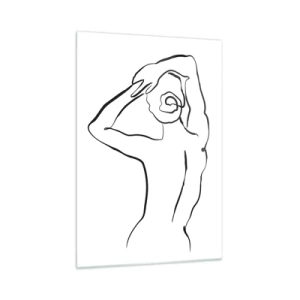 Obraz na szkle - Minimalistyczna linia konturowa kobiecej sylwetki widzianej od tyłu na białym tle - 70x100cm - Akt o poranku - Nowoczesna dekoracja ścienna do salonu i sypialni ARTTOR