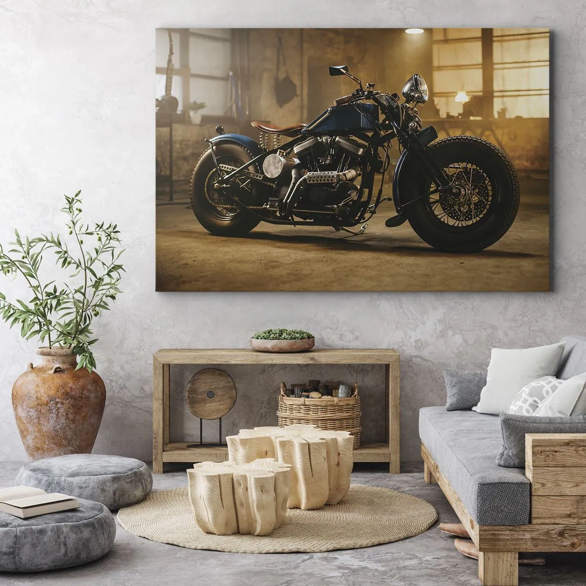 Obraz na płótnie - Stylowy motocykl w industrialnym wnętrzu z ciepłym oświetleniem - 70x50cm - Mogę wszystko - Nowoczesna dekoracja ścienna do salonu i sypialni ARTTOR