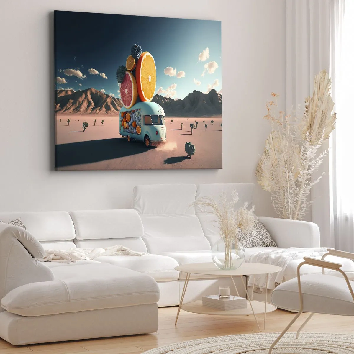 Obraz na płótnie - Furgonetka z owocami w pustynnym krajobrazie - 70x50cm - Smak wakacji - Nowoczesna dekoracja ścienna do salonu i sypialni ARTTOR
