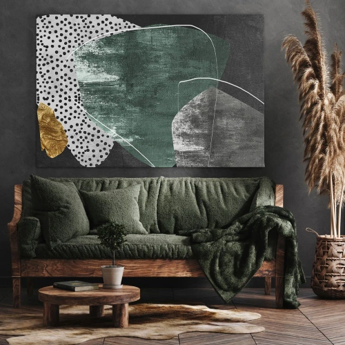 Obraz na płótnie - Barwna abstrakcja z płatkiem złota - Abstrakcyjna kompozycja z zielonymi kształtami i wzorami kropek - 70x50cm