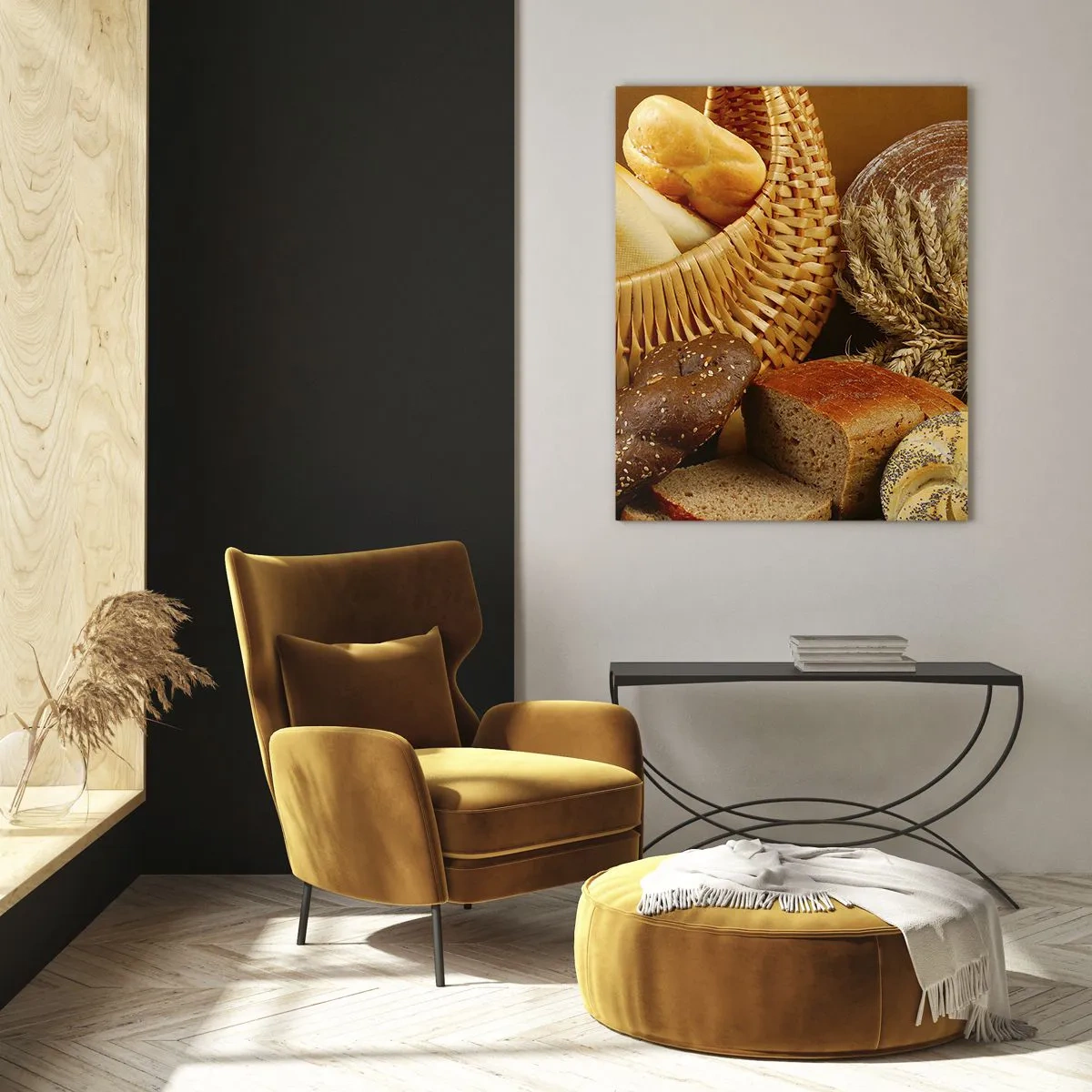 Obraz na szkle - Kosz z pieczywem i bochenki na tle kłosów zboża - 50x70cm - Znowu się nam upiekło - Nowoczesna dekoracja ścienna do salonu, kuchni i sypialni ARTTOR