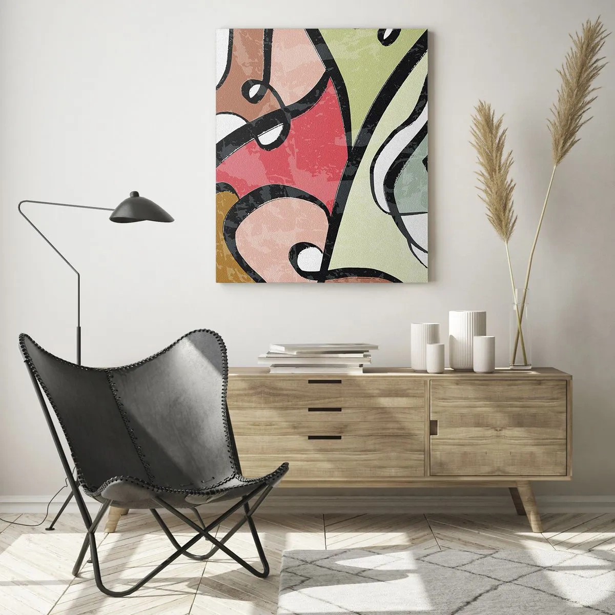 Obraz na szkle - Kolorowe abstrakcyjne kształty z czarnymi liniami - 80x120cm - Piruety wśród barw - Nowoczesna dekoracja ścienna do salonu i sypialni ARTTOR