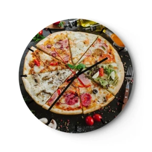 Zegar ścienny - Apetyczna pizza z różnymi dodatkami na czarnym tle - 30x30cm - Wachlarz smaków - Nowoczesna dekoracja ścienna do salonu, kuchni i sypialni ARTTOR