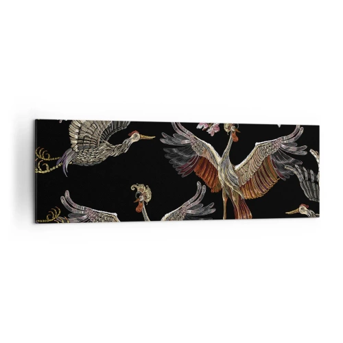 Obraz na płótnie - Stylowe żurawie i kwiaty na czarnym tle - 160x50cm - Baśniowy ptak - Nowoczesna dekoracja ścienna do salonu i sypialni ARTTOR