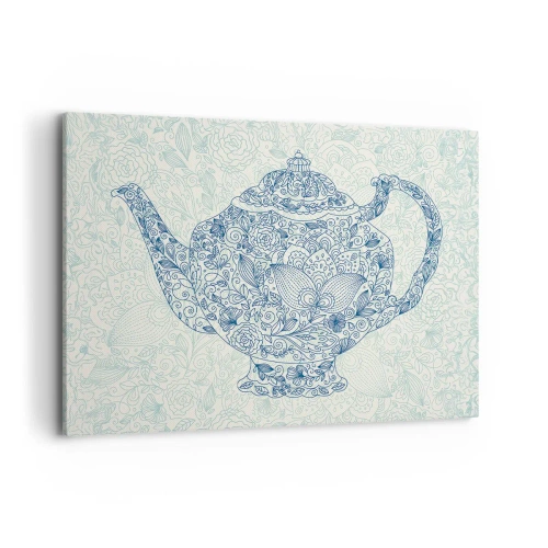 Obraz na płótnie - Dekoracyjny rysunek imbryka z ornamentami w niebieskim kolorze - 100x70cm - Herbaty czar - Nowoczesna dekoracja ścienna do salonu, kuchni i sypialni ARTTOR