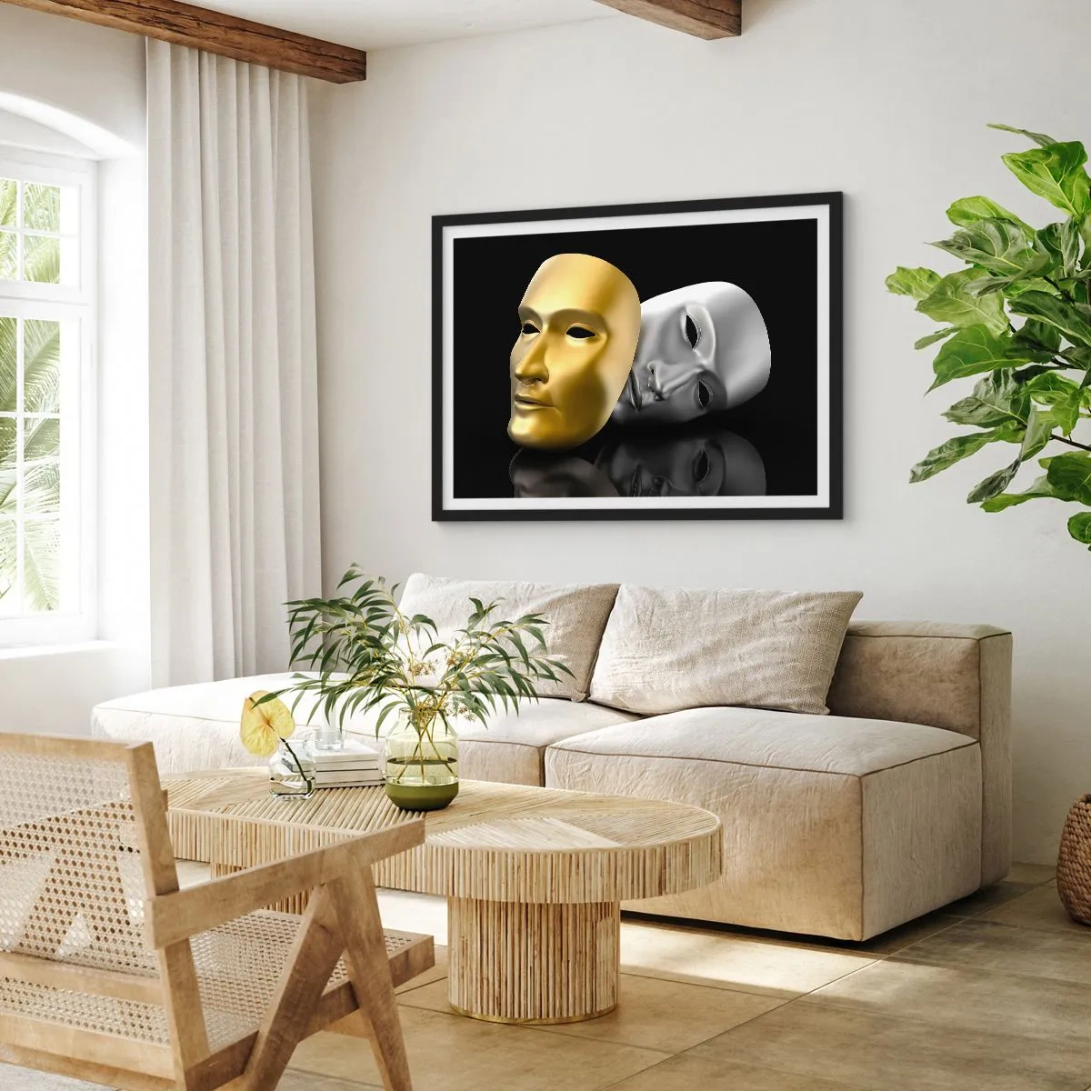 Plakat w czarnej ramie - Złota i srebrna maska na czarnym tle - 70x50cm - Życie to jest teatr - Nowoczesna dekoracja ścienna do salonu i sypialni ARTTOR