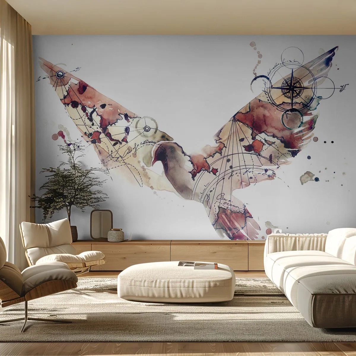 Fototapeta Premium Sand - Artystyczny rysunek lecącego orła w stylu mapy na białym tle - 100x70cm - Napowietrzny wędrowiec - Nowoczesna dekoracja ścienna do salonu, kuchni i sypialni ARTTOR