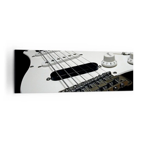 Obraz na płótnie - Biała gitara elektryczna w zbliżeniu na czarnym tle. - 160x50cm - Ukryty w bieli dźwięk - Nowoczesna dekoracja ścienna do salonu i sypialni ARTTOR