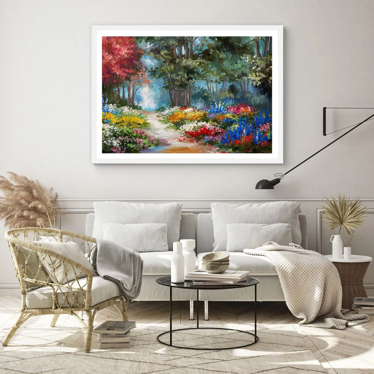 Plakat w białej ramie - Leśny ogród, kwietny las - 100x70 cm