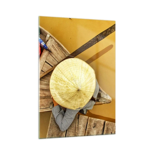 Obraz na szkle - Widok z góry na łódź i osobę w stożkowym kapeluszu - 50x70cm - Życie na żółtej rzece - Nowoczesna dekoracja ścienna do salonu, kuchni i sypialni ARTTOR
