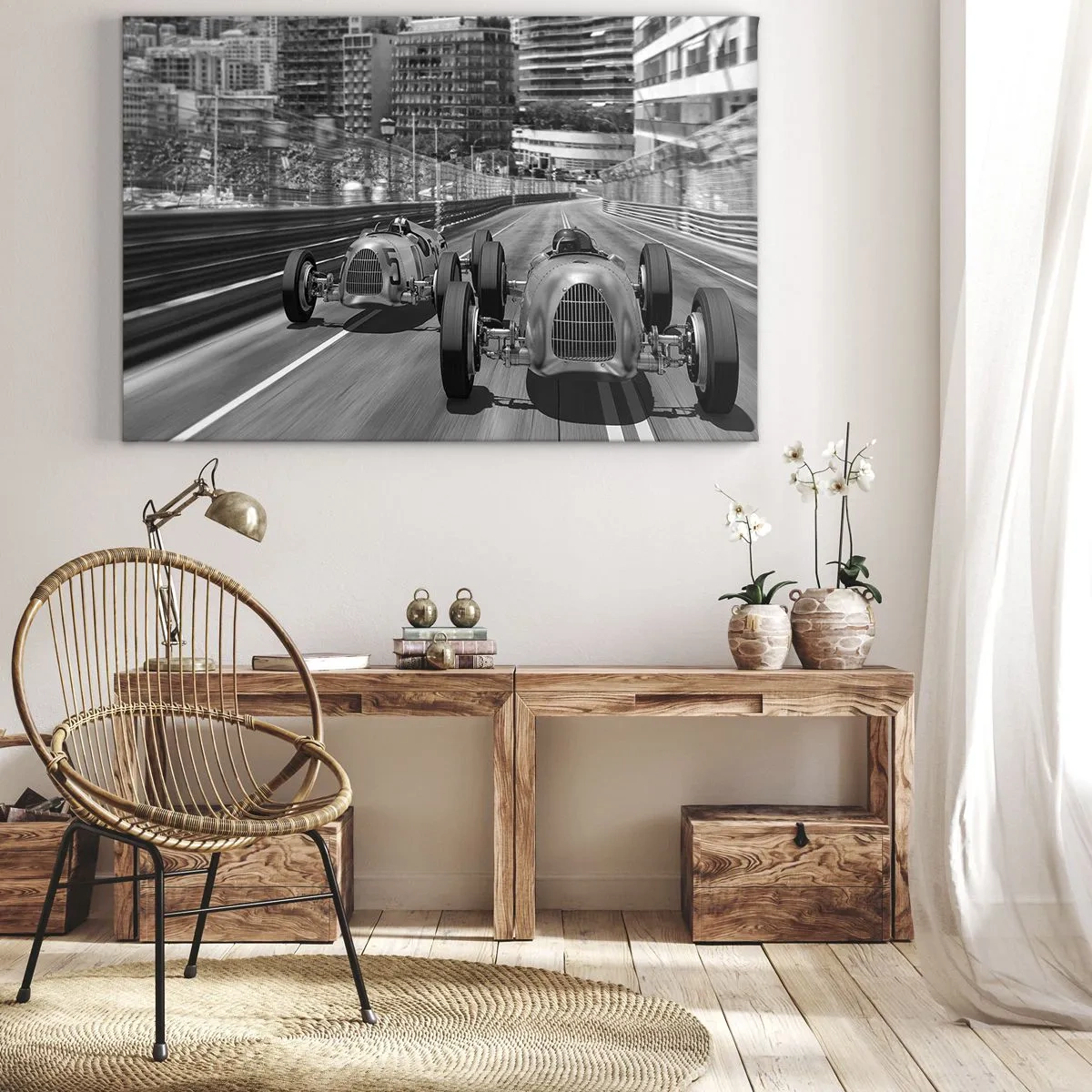 Obraz na płótnie - Monochromatyczna scena wyścigu retro samochodów - 70x50cm - Dawno temu w Monte Carlo - Nowoczesna dekoracja ścienna do salonu i sypialni ARTTOR