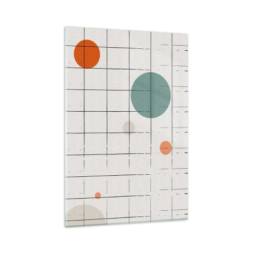 Obraz na szkle - Abstrakcyjne okręgi w kolorach na tle geometrycznej siatki - 80x120cm - Uwięzione. My czy one? - Nowoczesna dekoracja ścienna do salonu i sypialni ARTTOR