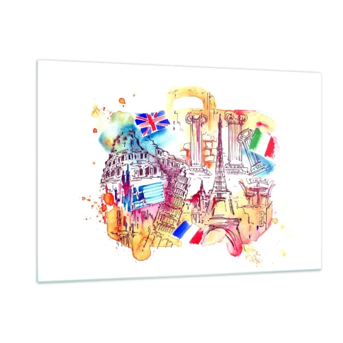 Obraz na szkle - Akwarela zabytków Europy z flagami krajów - 120x80cm - Europejskie tourne - Nowoczesna dekoracja ścienna do salonu, kuchni i sypialni ARTTOR