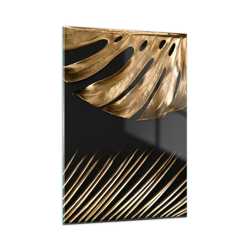 Obraz na szkle - Złote liście palmowe i monstery na czarnym tle - 50x70cm - Różne, a równie drogie - Nowoczesna dekoracja ścienna do salonu, kuchni i sypialni ARTTOR