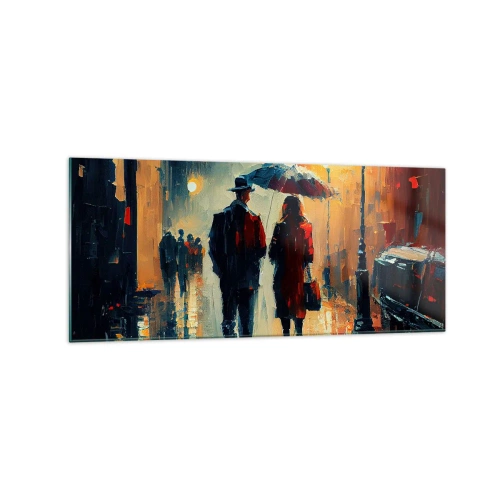 Obraz na szkle - Spacer w deszczu pod parasolem w mieście nocą - 120x50cm - Miejska love story - Nowoczesna dekoracja ścienna do salonu i sypialni ARTTOR