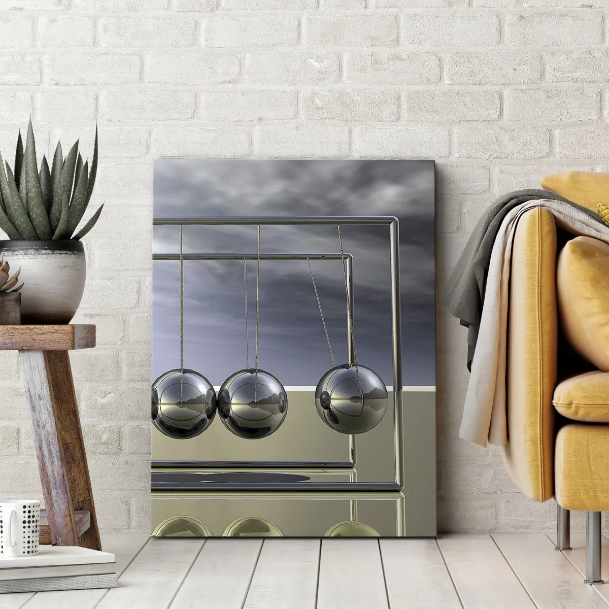 Obraz na płótnie - Newtonowska kołyska na tle pochmurnego nieba - 50x70cm - Energia świata - Nowoczesna dekoracja ścienna do salonu, kuchni i sypialni ARTTOR