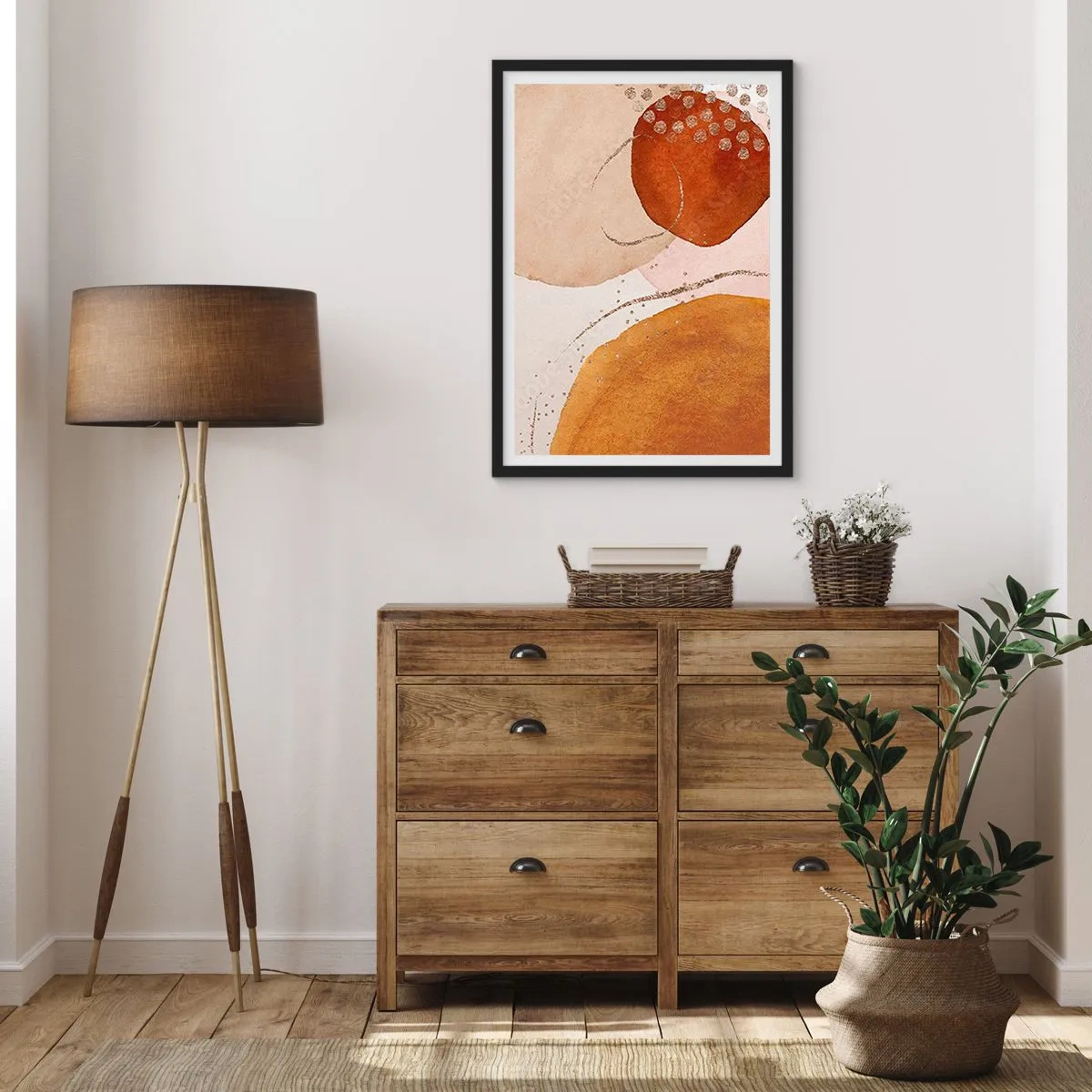 Plakat w czarnej ramie - Abstrakcyjne kształty w odcieniach beżu, brązu i złota - 50x70cm - Krągłość i ruch - Nowoczesna dekoracja ścienna do salonu i sypialni ARTTOR