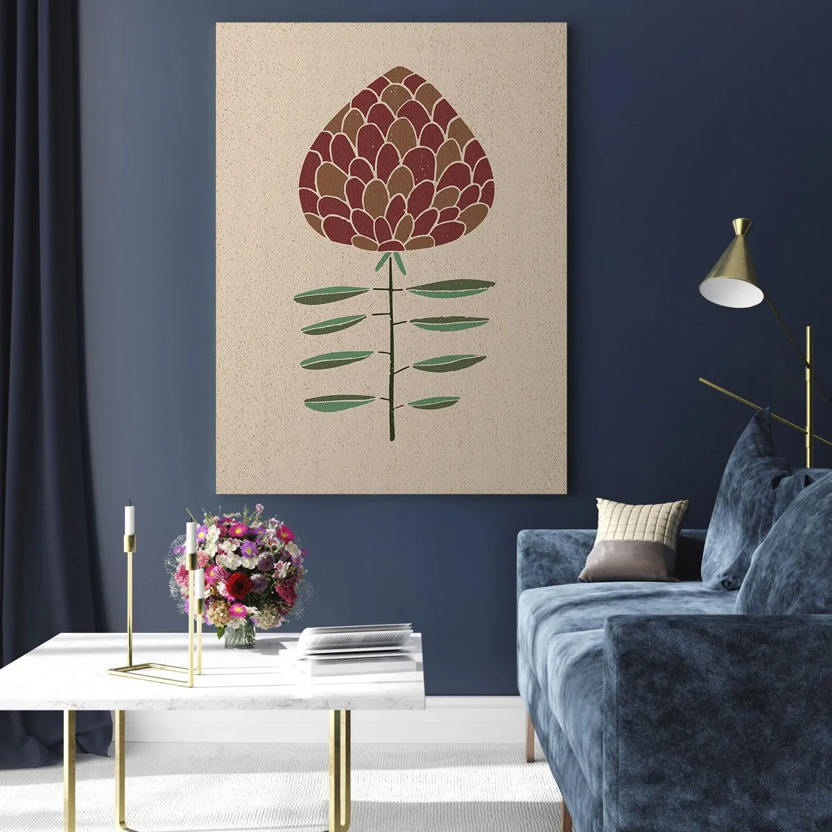 Obraz na szkle - Geometryczna ilustracja kwiatu w odcieniach czerwieni i zieleni na beżowym tle - 80x120cm - Jak wielka szycha - Nowoczesna dekoracja ścienna do salonu i sypialni ARTTOR