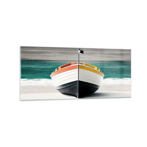 Obraz na szkle - Łódź na plaży z turkusowym morzem w tle - 120x50cm - Na swoim miejscu - Nowoczesna dekoracja ścienna do salonu i sypialni ARTTOR
