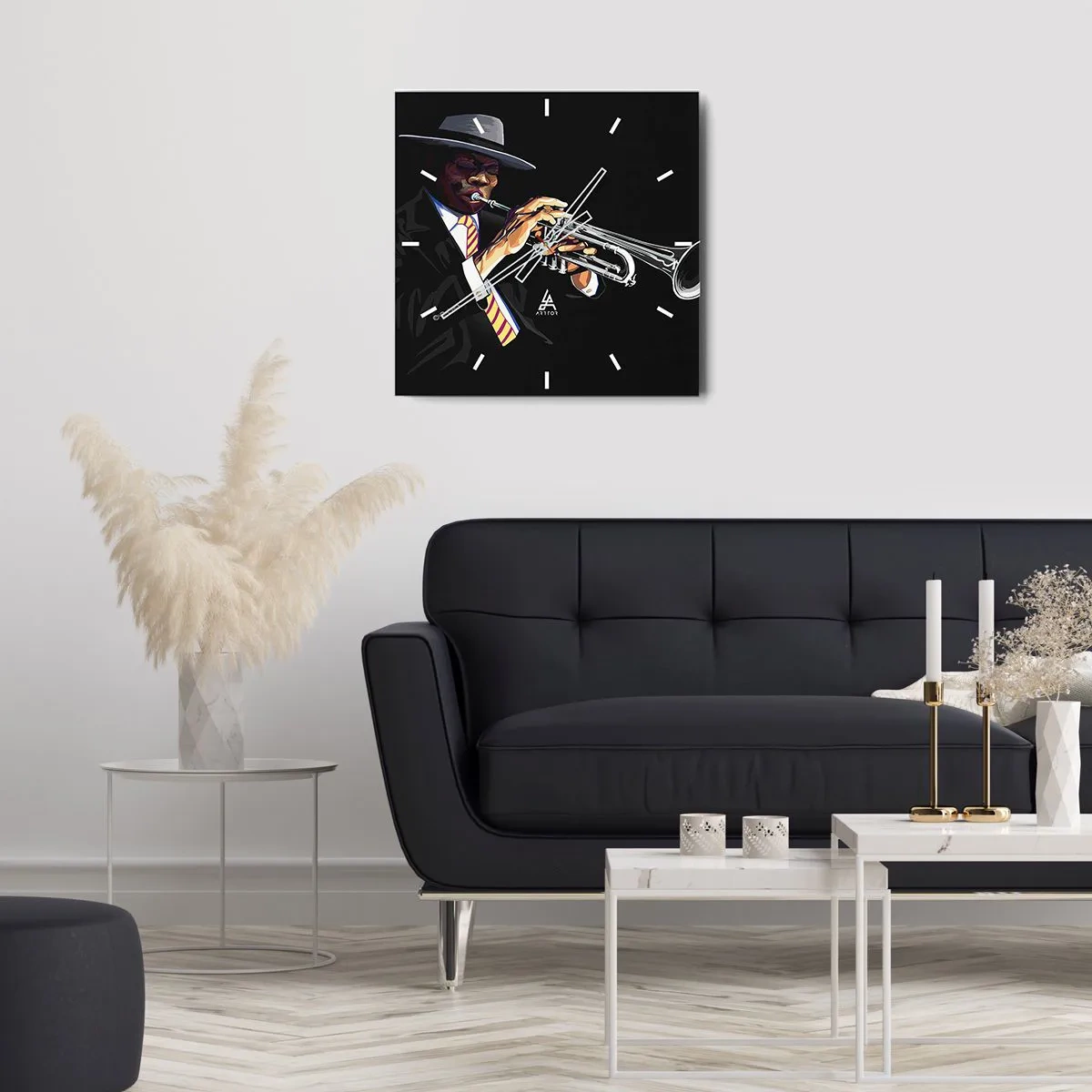 Zegar ścienny - Muzyk grający na trąbce na czarnym tle - 30x30cm - Czar starej szkoły - Nowoczesna dekoracja ścienna do salonu i sypialni ARTTOR