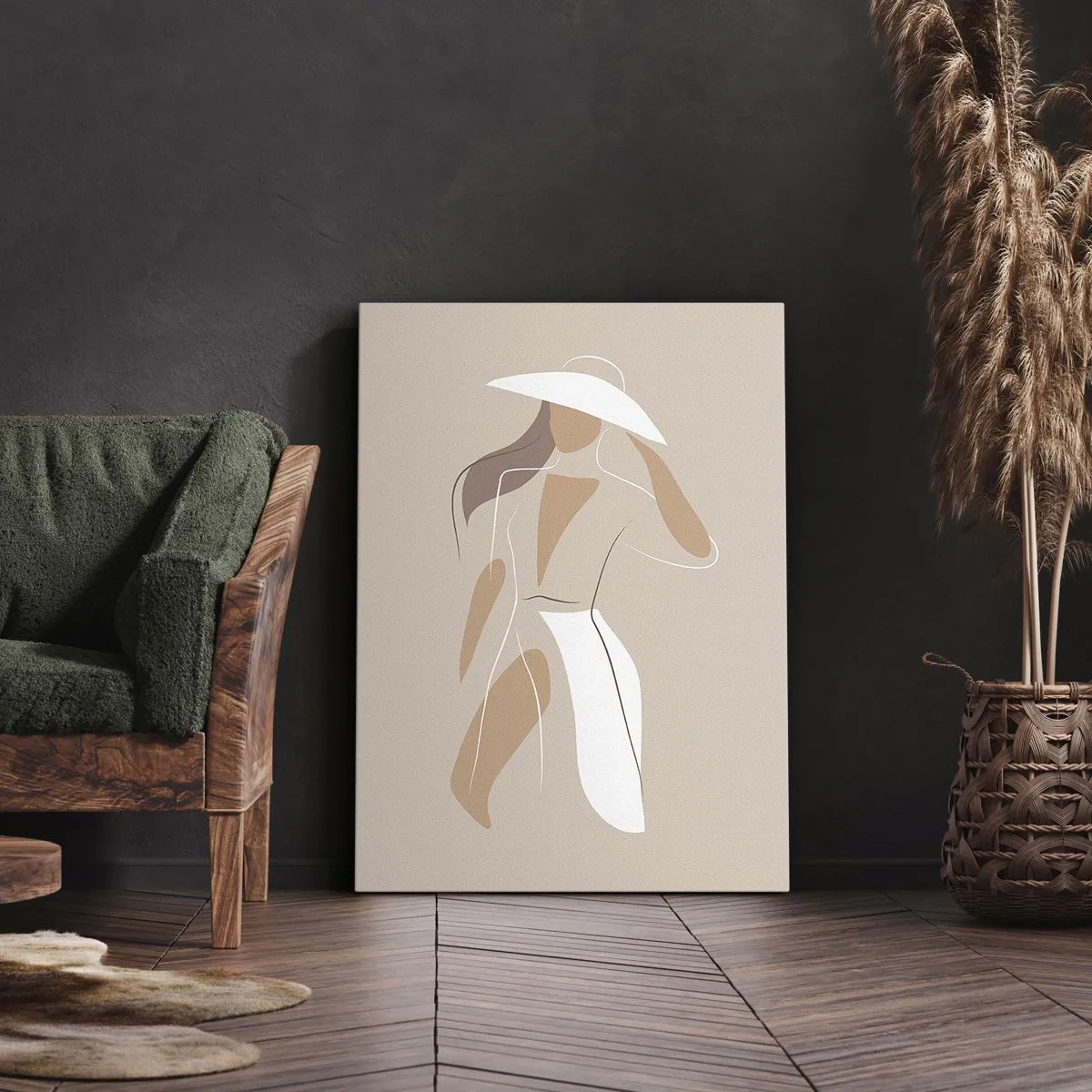 Obraz na płótnie - Minimalistyczna sylwetka kobiety w białym kapeluszu na beżowym tle - 50x70cm - Moda to zabawa - Nowoczesna dekoracja ścienna do salonu, kuchni i sypialni ARTTOR