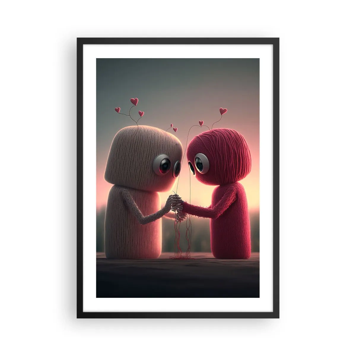 Plakat w czarnej ramie - Urocze postacie z włóczki trzymające się za ręce - 50x70cm - Każdemu wolno kochać - Nowoczesna dekoracja ścienna do salonu i sypialni ARTTOR