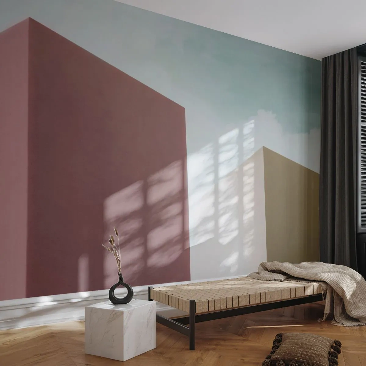 Fototapeta Premium Sand - Minimalistyczne geometryczne bryły na tle letniego nieba - 100x70cm - Geometria słonecznego lata - Nowoczesna dekoracja ścienna do salonu, kuchni i sypialni ARTTOR