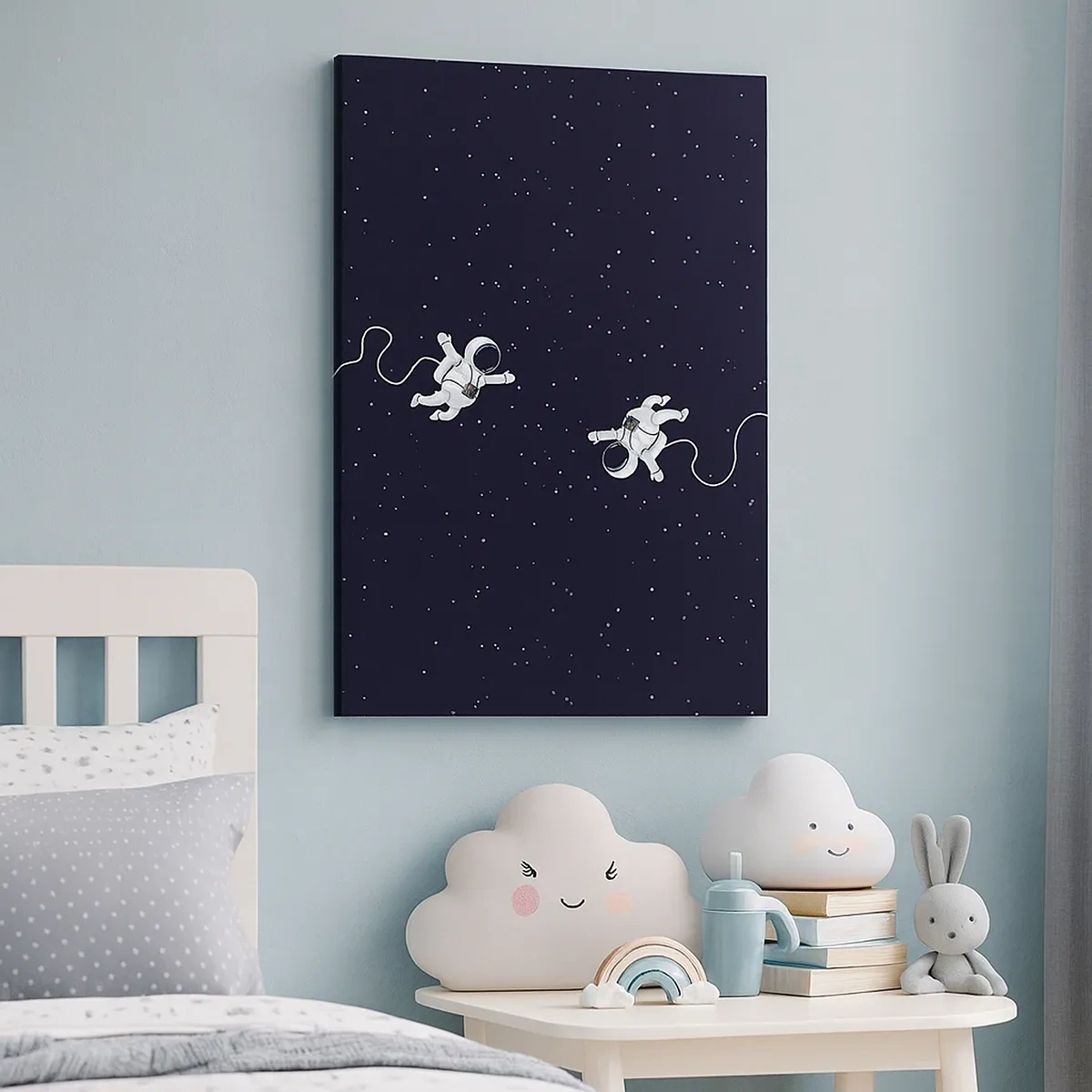 Obraz na płótnie - Dwoje astronautów dryfujących w przestrzeni kosmicznej - 50x70cm - Kosmiczny pląs - Nowoczesna dekoracja ścienna do salonu, kuchni i sypialni ARTTOR
