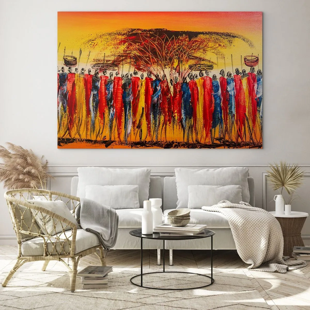 Obraz na szkle - Barwna scena z ludźmi w tradycyjnych afrykańskich strojach - 70x50cm - Tam, tam, tam tam idą - Nowoczesna dekoracja ścienna do salonu i sypialni ARTTOR