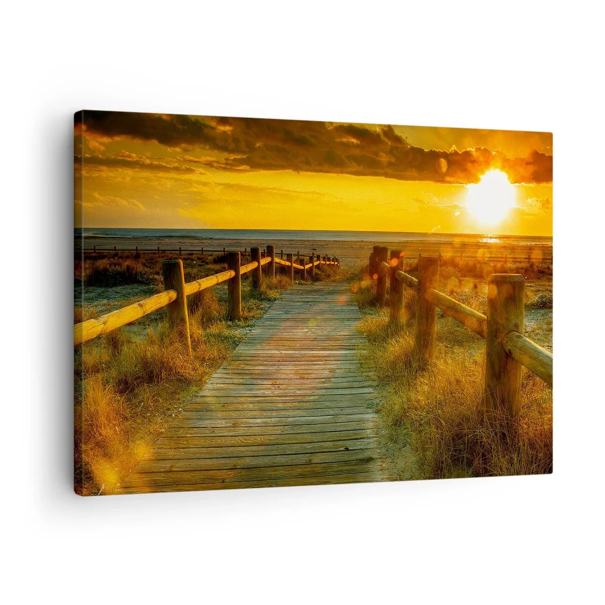Obraz na płótnie - Drewniana ścieżka prowadząca na plażę w blasku zachodzącego słońca - 70x50cm - Skąpane w starym złocie - Nowoczesna dekoracja ścienna do salonu i sypialni ARTTOR