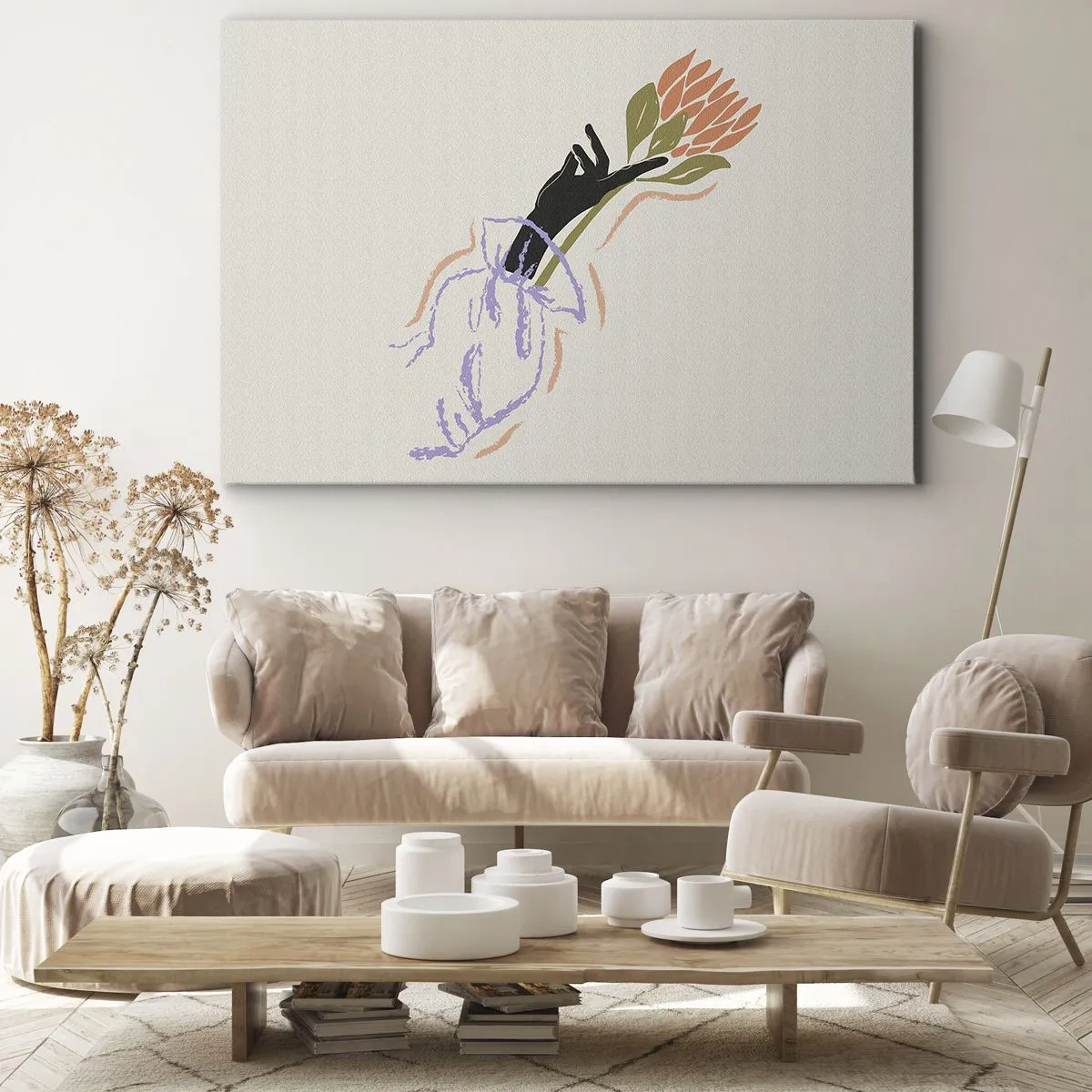 Obraz na płótnie - Minimalistyczny bukiet kwiatów w delikatnym stylu - 70x50cm - Siostrzany dotyk - Nowoczesna dekoracja ścienna do salonu i sypialni ARTTOR