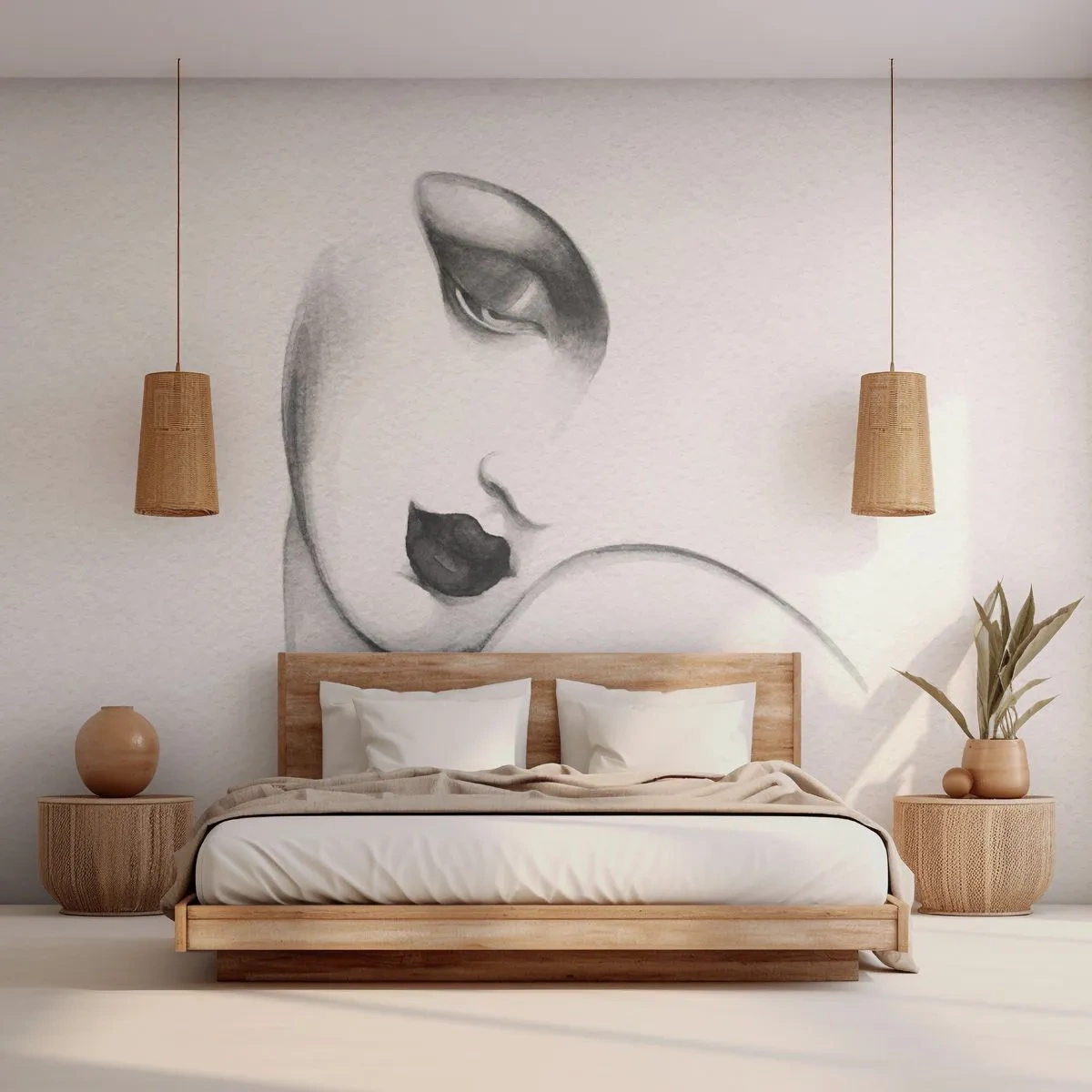 Fototapeta Premium Sand - Subtelny szkic kobiecej twarzy w czarno-białej tonacji - 100x70cm - W stylu Łempickiej - Nowoczesna dekoracja ścienna do salonu, kuchni i sypialni ARTTOR