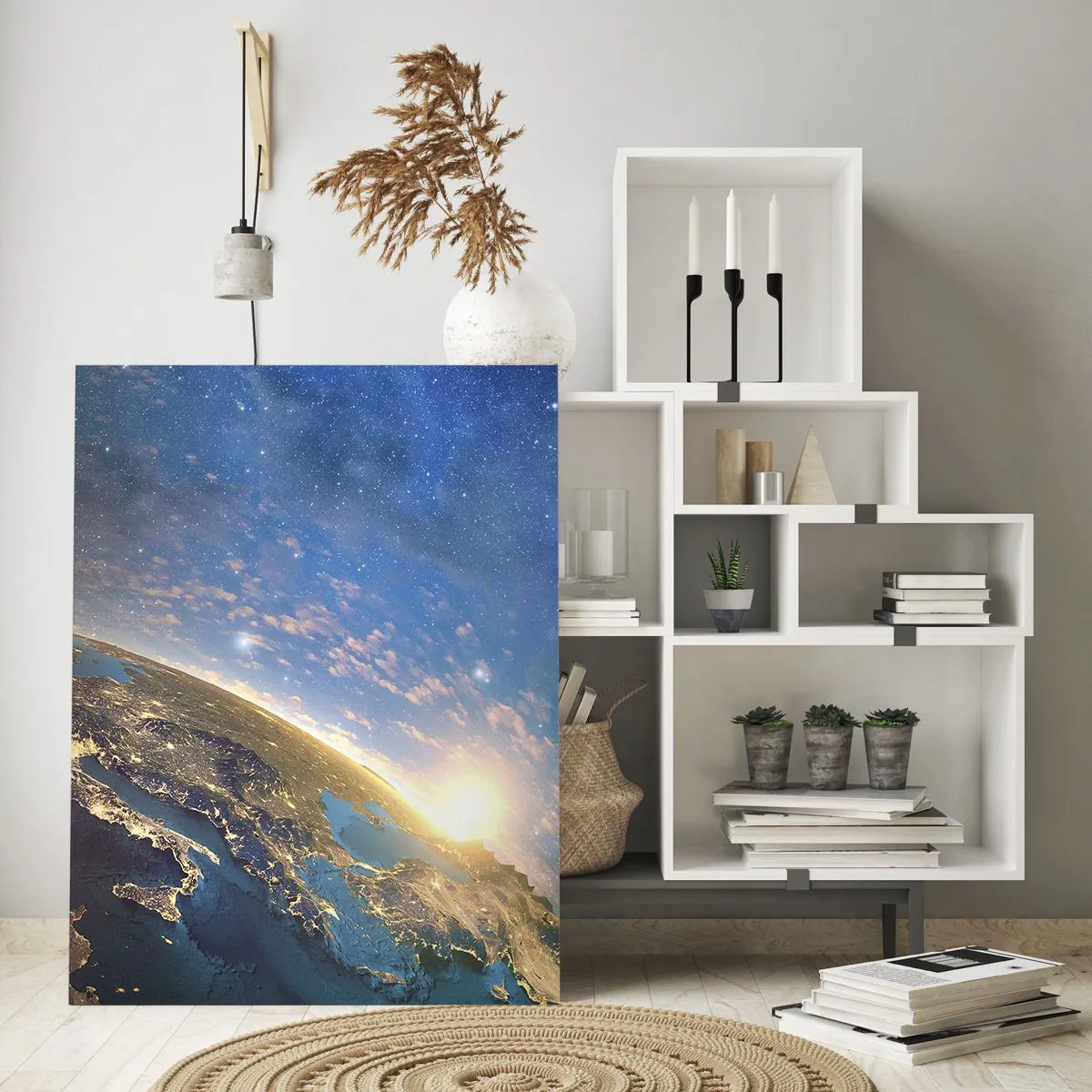 Obraz na szkle - Widok na Ziemię z kosmosu o wschodzie słońca - 80x120cm - Spójrzmy na siebie z dystansu - Nowoczesna dekoracja ścienna do salonu i sypialni ARTTOR