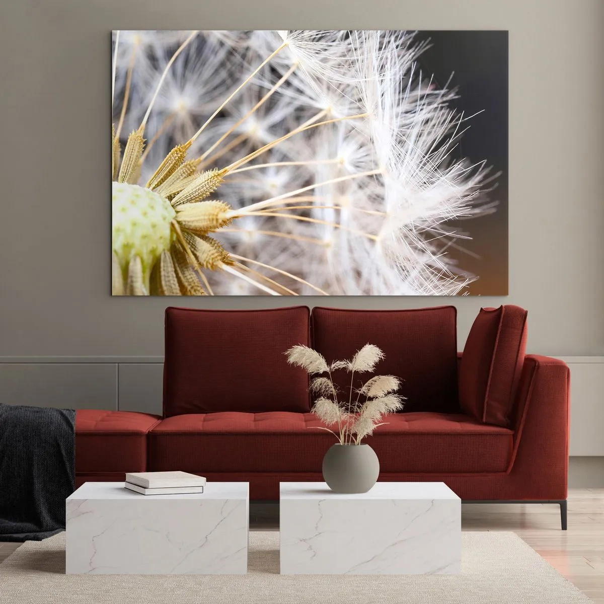Obraz na szkle - Zbliżenie na dmuchawiec z delikatnymi nasionami - 70x50cm - Tuż przed odlotem - Nowoczesna dekoracja ścienna do salonu i sypialni ARTTOR