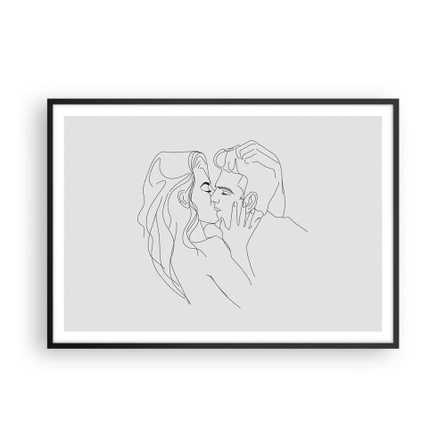 Plakat w czarnej ramie - Kontur pocałunku pary na jasnym tle - 100x70cm - Tą samą kreską - Nowoczesna dekoracja ścienna do salonu i sypialni ARTTOR