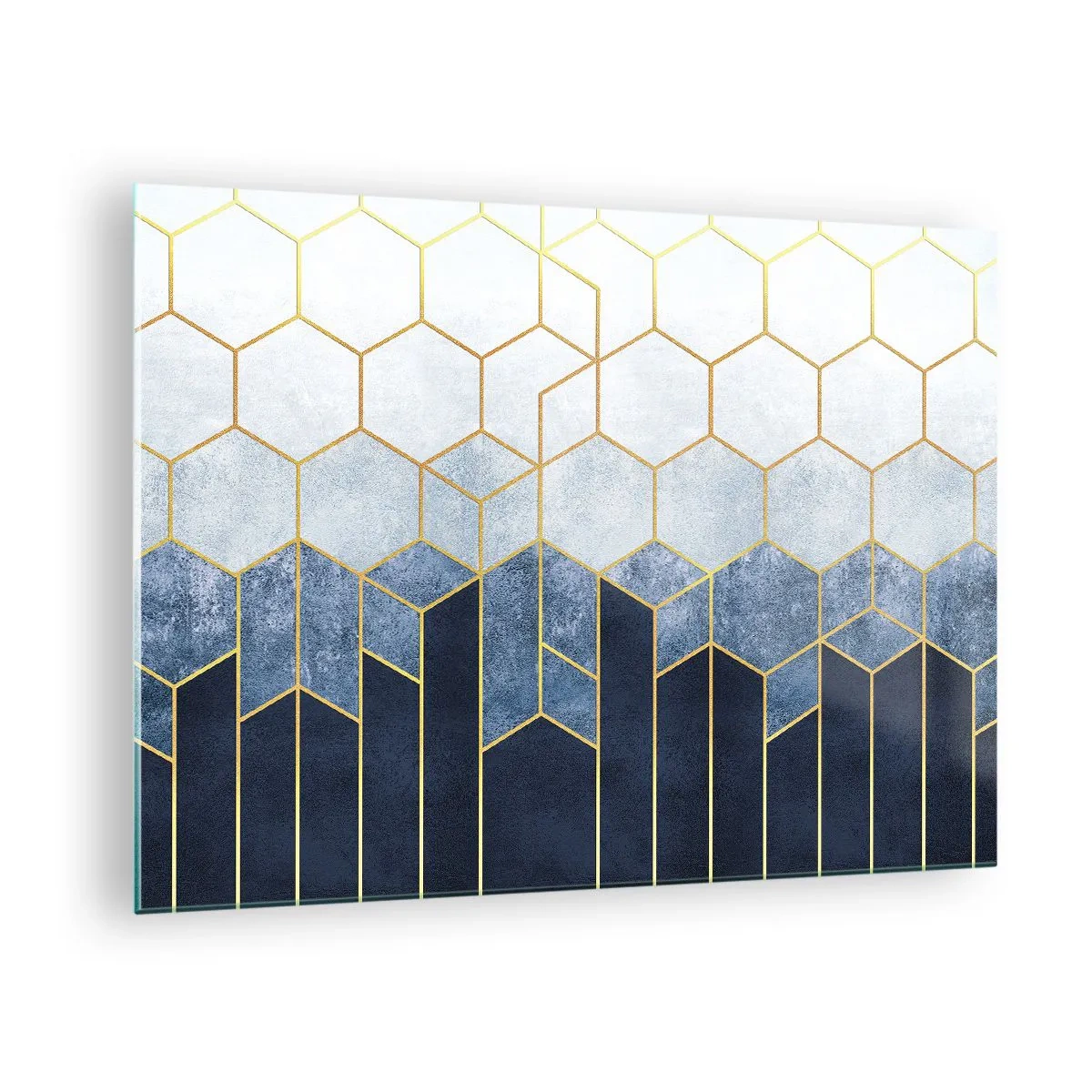 Obraz na szkle - Geometryczny wzór w złoto-granatowej kolorystyce - 70x50cm - Kompozycja w synkopowym rytmie - Nowoczesna dekoracja ścienna do salonu i sypialni ARTTOR