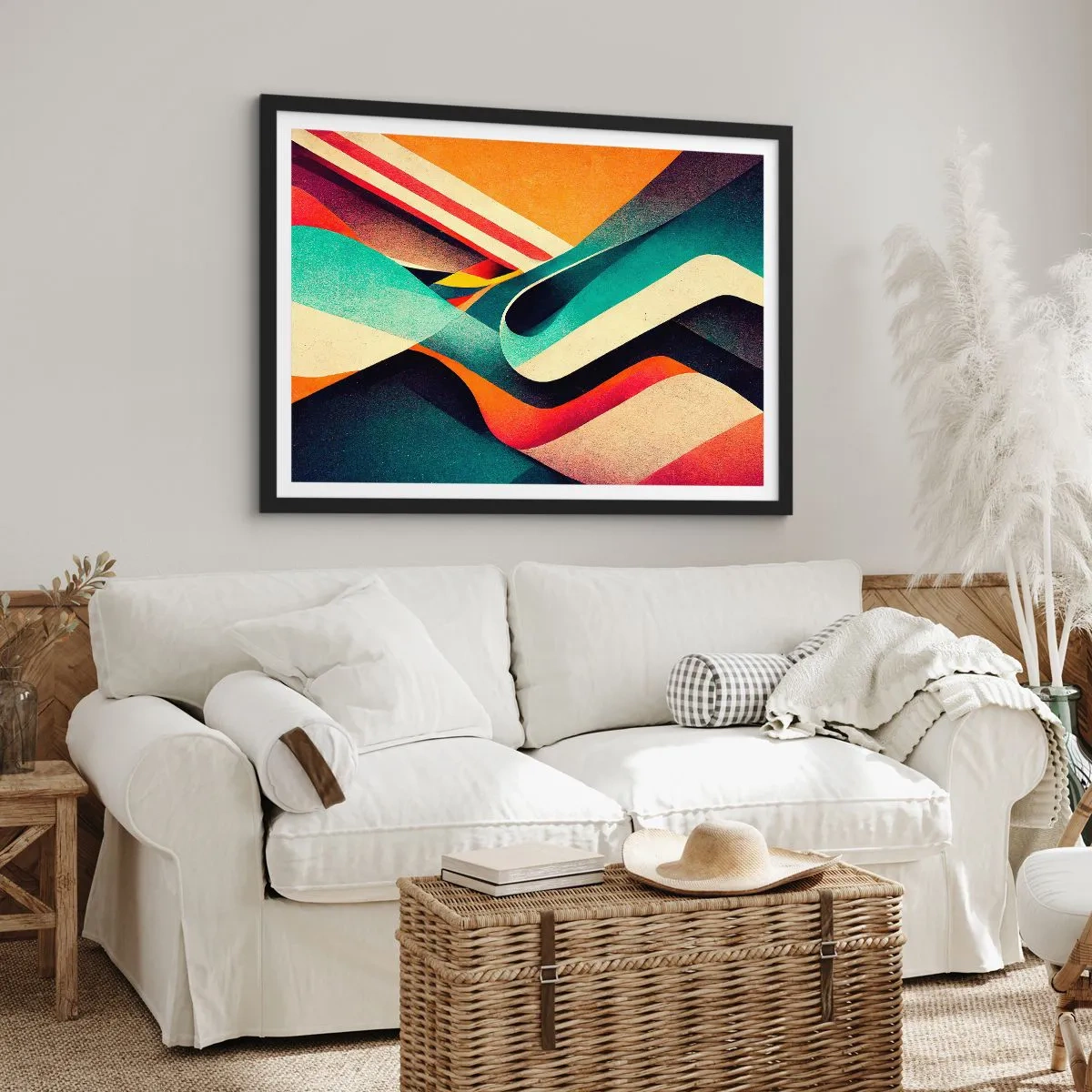 Plakat w czarnej ramie - Kolorowe fale abstrakcyjne w dynamicznej kompozycji - 70x50cm - Kompozycja intensywna - Nowoczesna dekoracja ścienna do salonu i sypialni ARTTOR