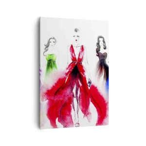 Obraz na płótnie - Ilustracja mody z modelkami w kolorowych sukniach - 70x100cm - Nastroje na stroje - Nowoczesna dekoracja ścienna do salonu i sypialni ARTTOR