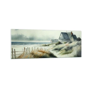 Obraz na szkle - Dom nadmorski otoczony trawami i widokiem na morze - 140x50cm - Z dala od zgiełku - Nowoczesna dekoracja ścienna do salonu i sypialni ARTTOR