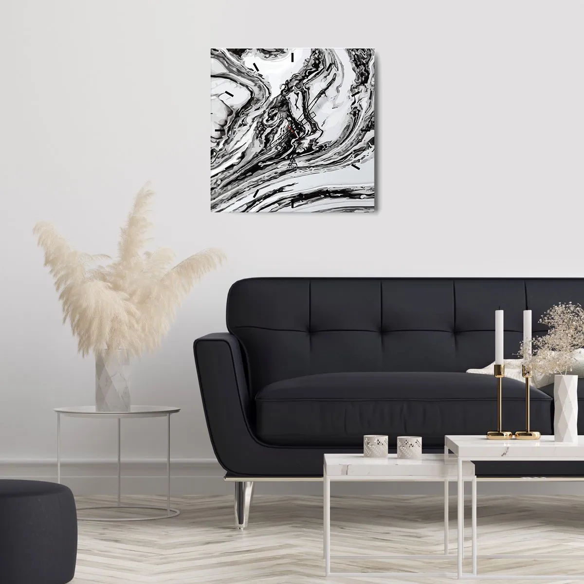 Zegar ścienny - Abstrakcyjny marmurkowy wzór w czerni i bieli - 30x30cm - Na poczatku był chaos - Nowoczesna dekoracja ścienna do salonu i sypialni ARTTOR