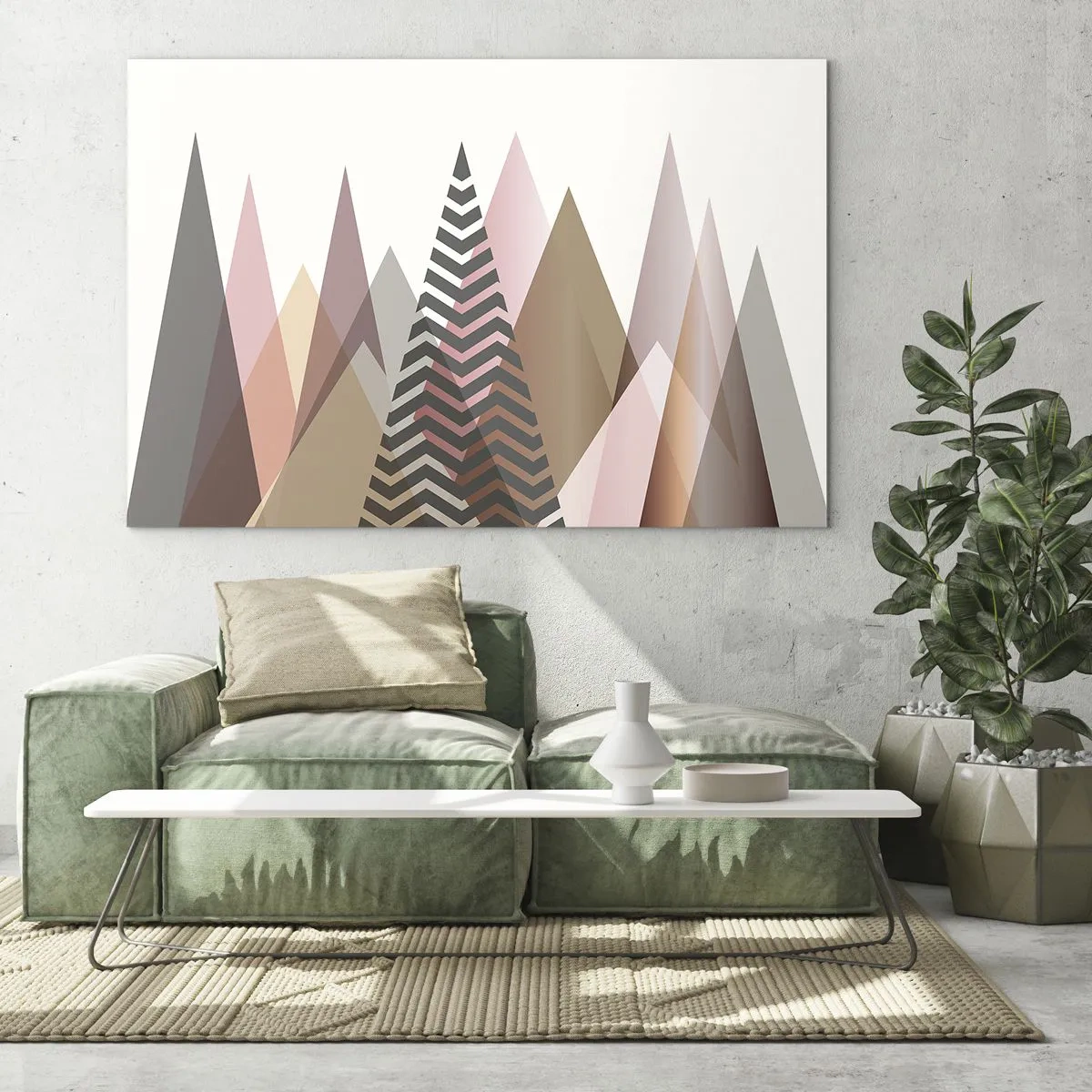 Obraz na szkle - Geometryczne pastelowe góry z centralnym wzorem - 100x70cm - Piramidalny widok - Nowoczesna dekoracja ścienna do salonu, kuchni i sypialni ARTTOR