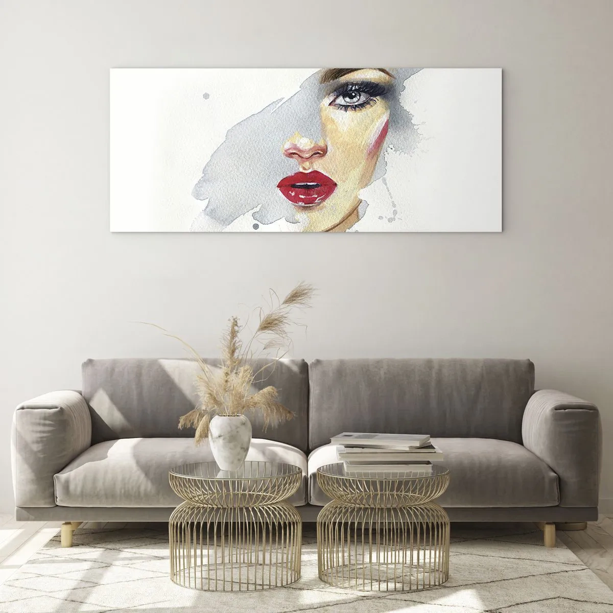 Obraz na szkle - Portret kobiety w akwarelowym stylu z intensywnym spojrzeniem - 120x50cm - Odbicie w kropli wody - Nowoczesna dekoracja ścienna do salonu i sypialni ARTTOR