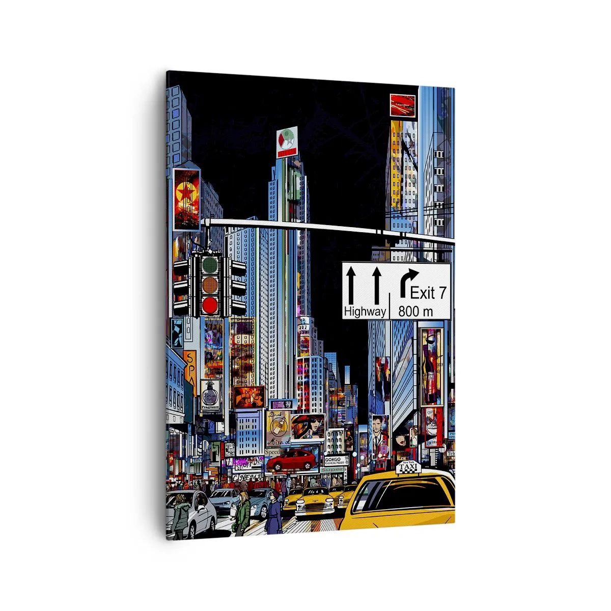 Obraz na płótnie - Tętniące życiem miasto z kolorowymi reklamami i żółtymi taksówkami - 70x100cm - Komiksowa wielka noc - Nowoczesna dekoracja ścienna do salonu i sypialni ARTTOR